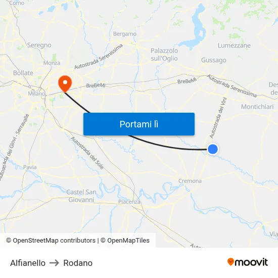 Alfianello to Rodano map