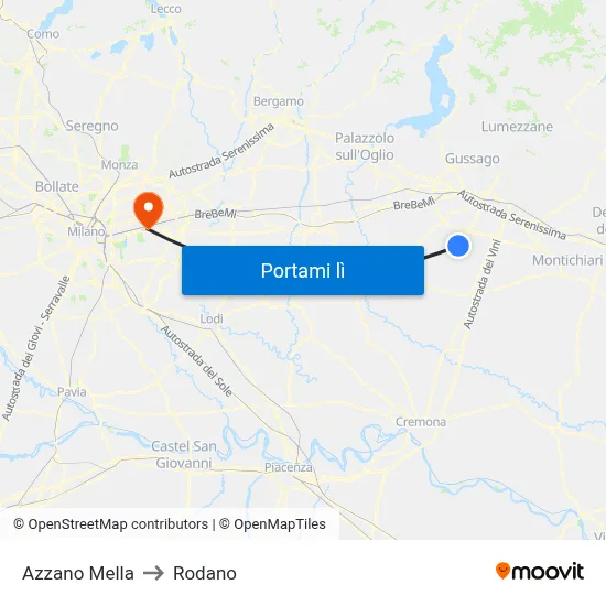 Azzano Mella to Rodano map