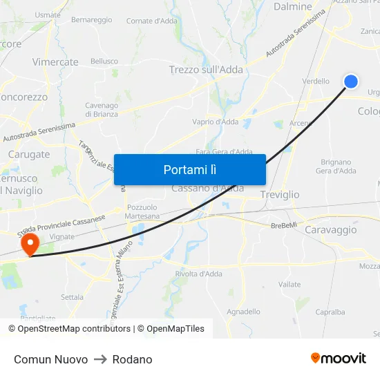 Comun Nuovo to Rodano map
