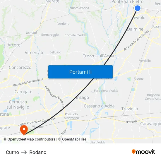Curno to Rodano map