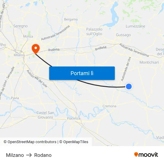 Milzano to Rodano map