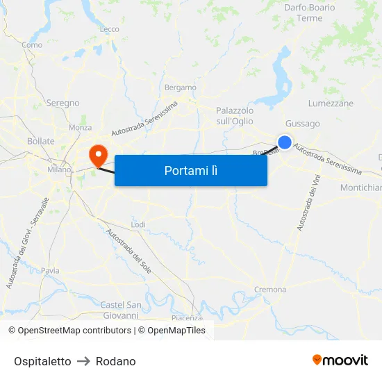 Ospitaletto to Rodano map