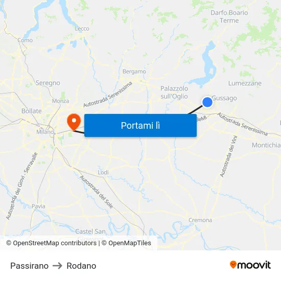 Passirano to Rodano map