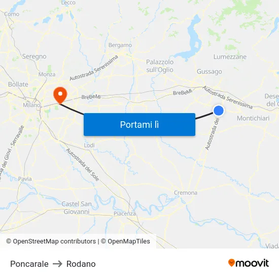 Poncarale to Rodano map