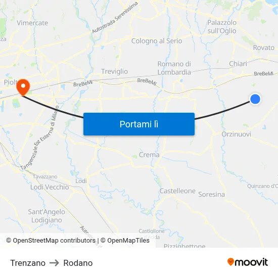 Trenzano to Rodano map