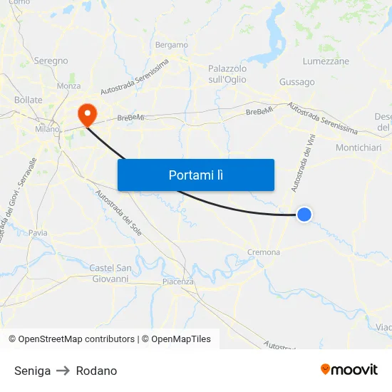 Seniga to Rodano map