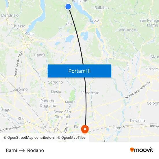 Barni to Rodano map