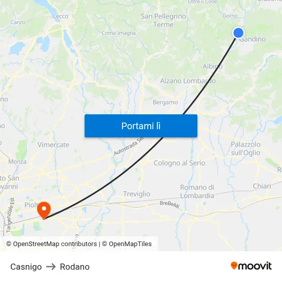 Casnigo to Rodano map
