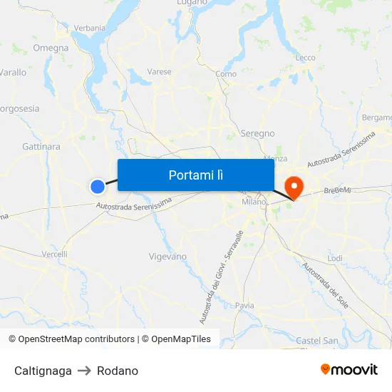 Caltignaga to Rodano map