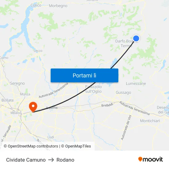 Cividate Camuno to Rodano map