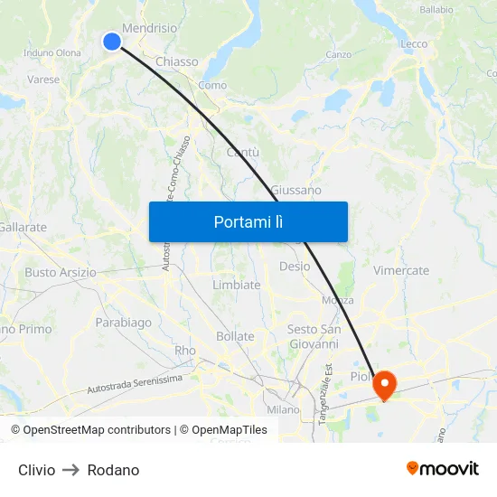 Clivio to Rodano map