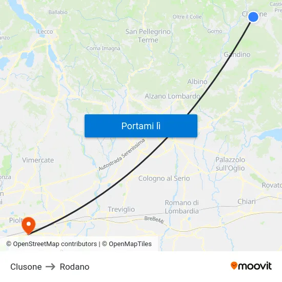 Clusone to Rodano map