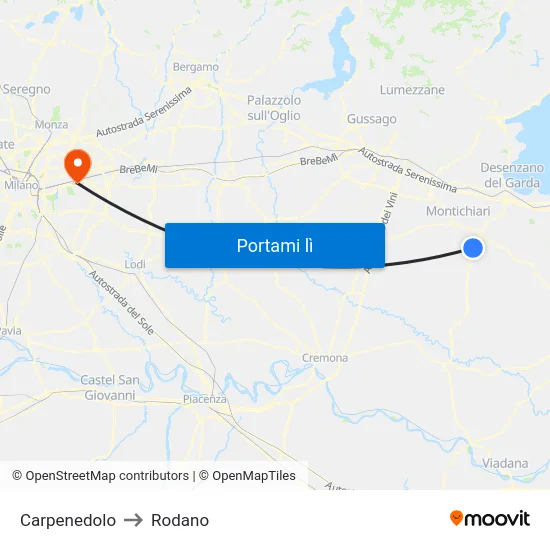 Carpenedolo to Rodano map