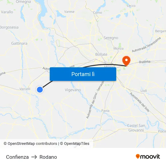 Confienza to Rodano map