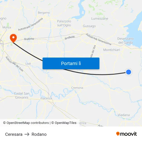 Ceresara to Rodano map