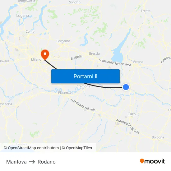 Mantova to Rodano map