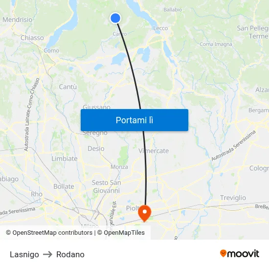 Lasnigo to Rodano map