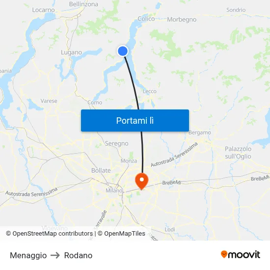 Menaggio to Rodano map