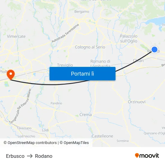 Erbusco to Rodano map
