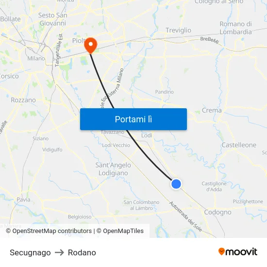 Secugnago to Rodano map