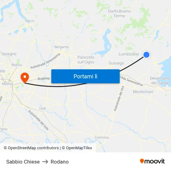 Sabbio Chiese to Rodano map