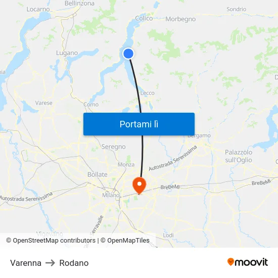 Varenna to Rodano map