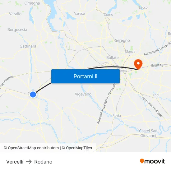 Vercelli to Rodano map