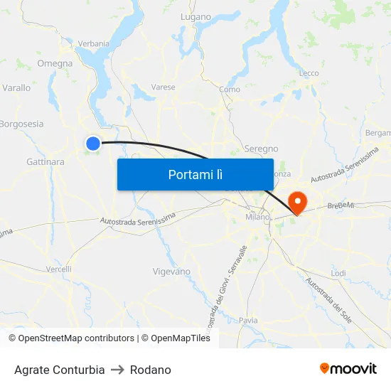 Agrate Conturbia to Rodano map