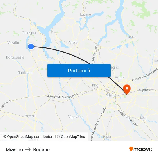 Miasino to Rodano map