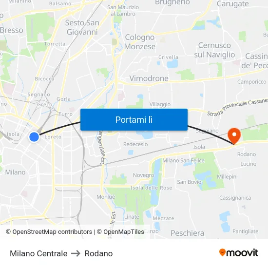 Milano Centrale to Rodano map