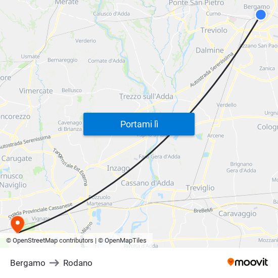 Bergamo to Rodano map