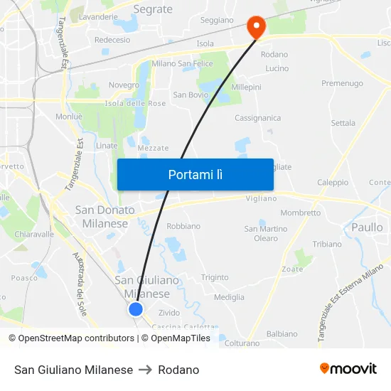 San Giuliano Milanese to Rodano map