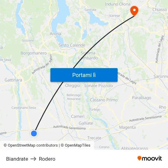 Biandrate to Rodero map