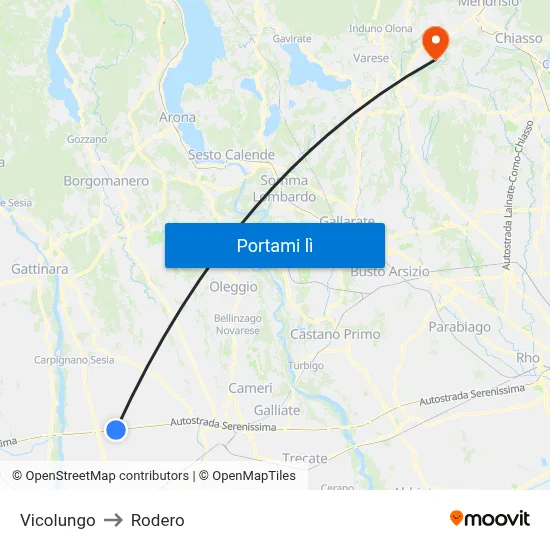 Vicolungo to Rodero map