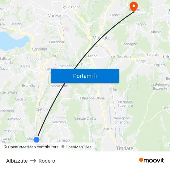 Albizzate to Rodero map