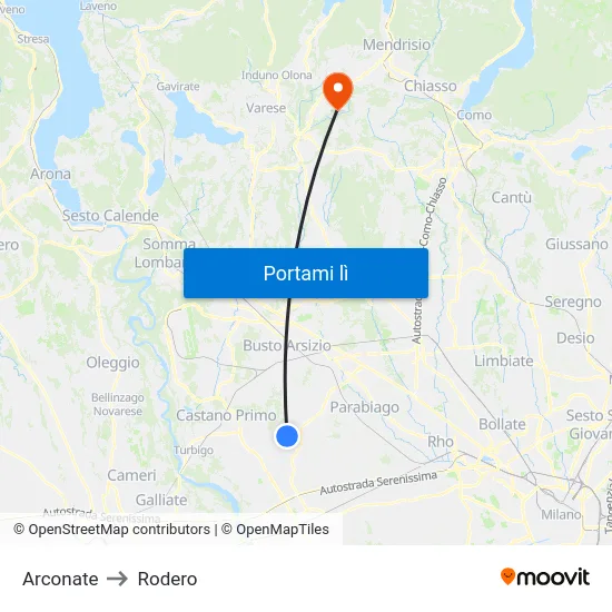 Arconate to Rodero map