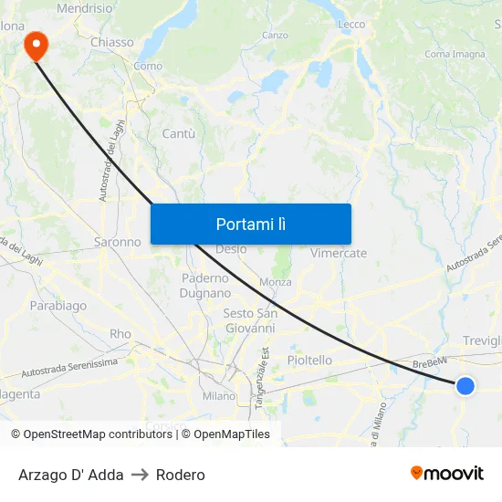 Arzago D' Adda to Rodero map