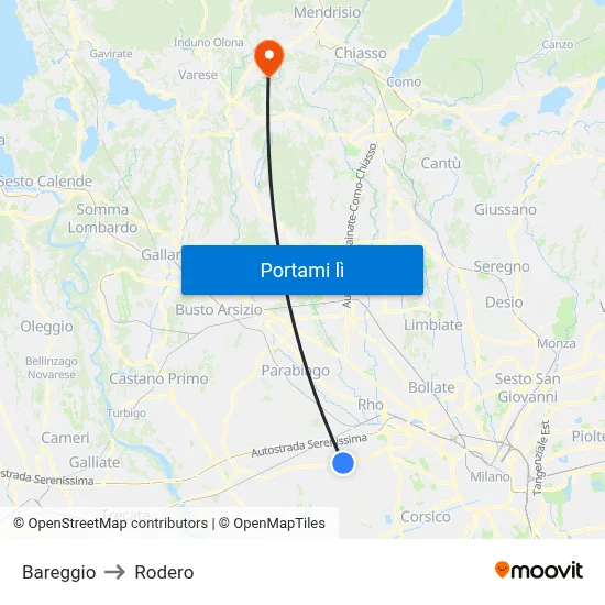 Bareggio to Rodero map