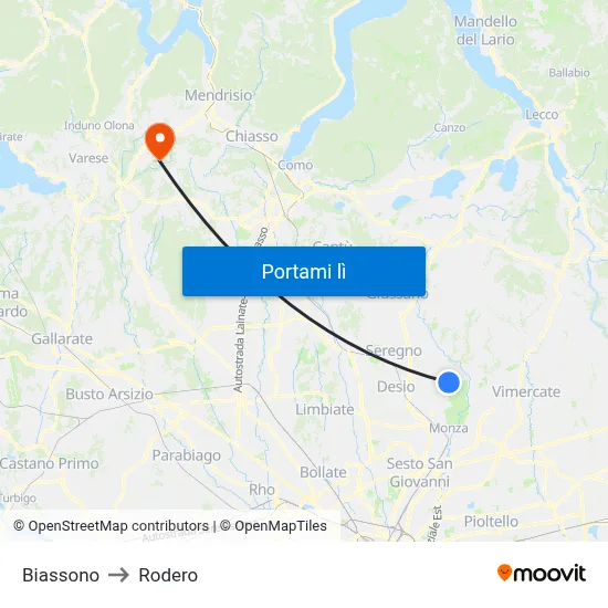 Biassono to Rodero map