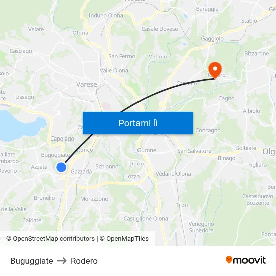 Buguggiate to Rodero map