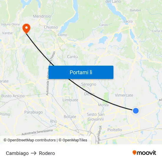 Cambiago to Rodero map