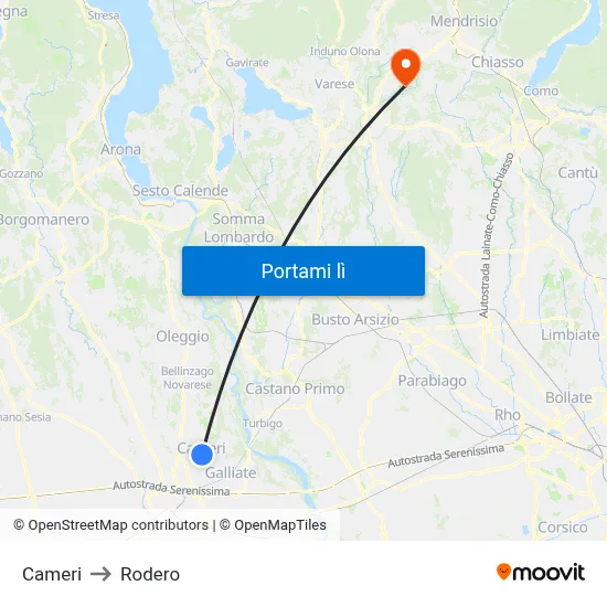 Cameri to Rodero map