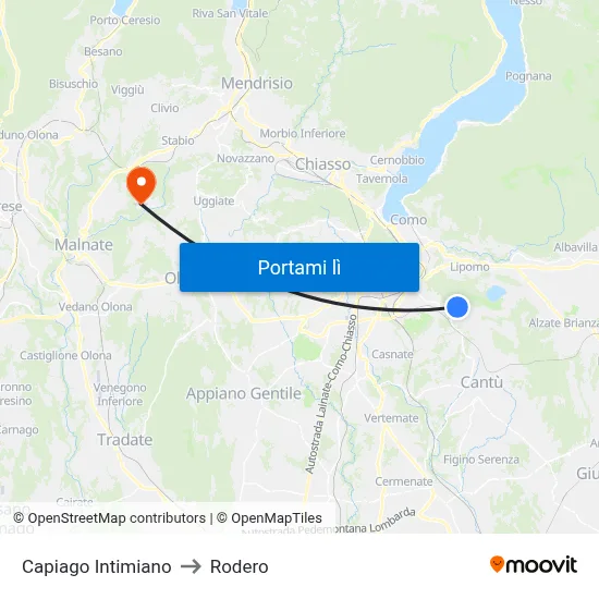 Capiago Intimiano to Rodero map