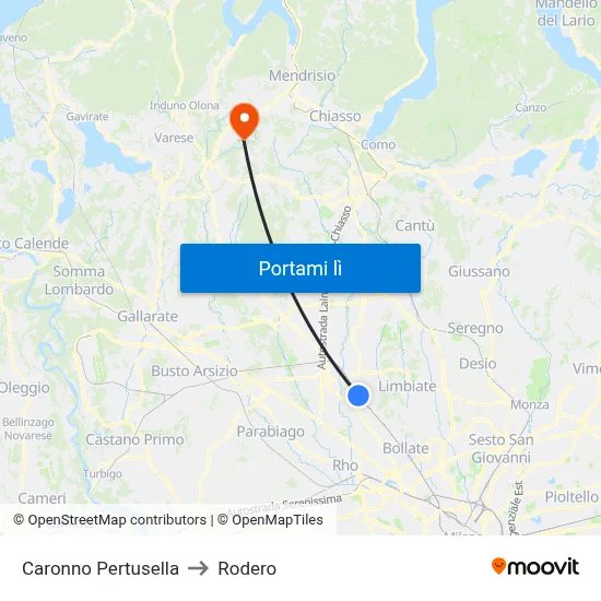Caronno Pertusella to Rodero map