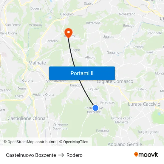 Castelnuovo Bozzente to Rodero map