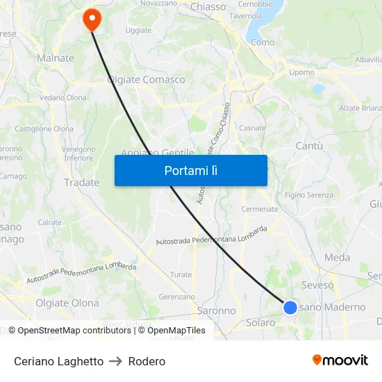Ceriano Laghetto to Rodero map