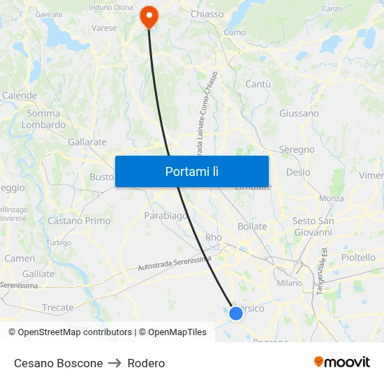 Cesano Boscone to Rodero map
