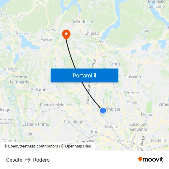 Cesate to Rodero map