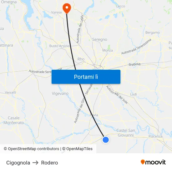 Cigognola to Rodero map