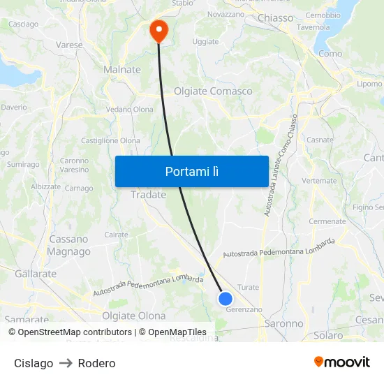 Cislago to Rodero map